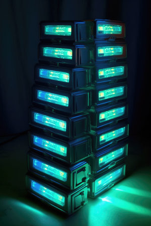 stack of hard drives with glowing led lights, created with generative aiの素材