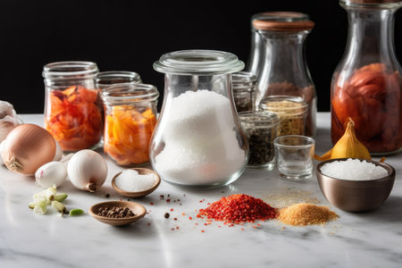 close-up of all the ingredients that go into a recipe, including salt and pepper shakers, created with generative aiの素材