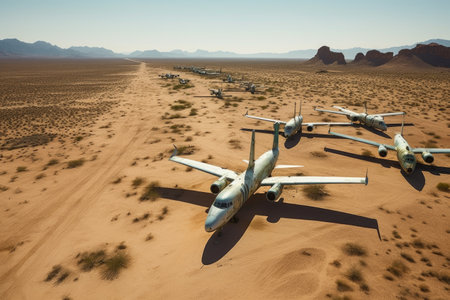 aerial view of abandoned planes lined up in desert, created with generative aiの素材