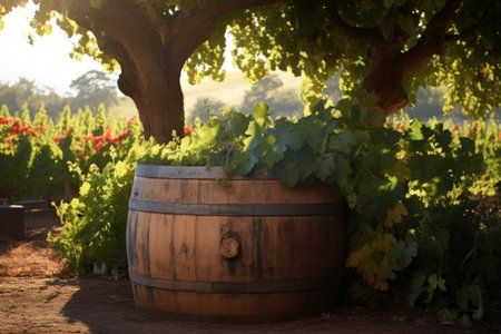 sunlit wooden barrel in a vineyard setting, created with generative aiの素材