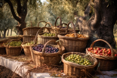 harvested olives in baskets among orchard, created with generative aiの素材