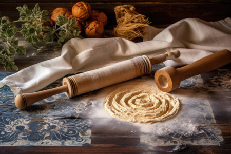 rolled pasta dough with flour and rolling pin, created with generative aiの素材