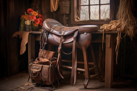 leather saddle on workhorse in rustic setting, created with generative aiの素材