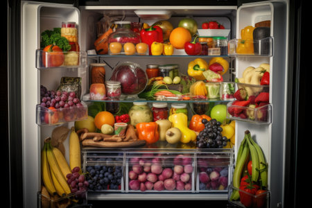 refrigerator or freezer filled with colorful fruits and vegetables, created with generative aiの素材