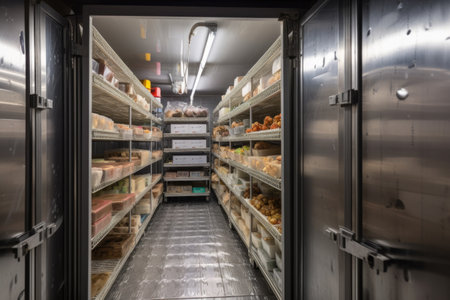walk-in freezer, filled with block of ice and frozen foods, created with generative aiの素材