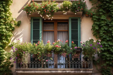 curtain of climbing vines on balcony window, with blooming flowers in the background, created with generative aiの素材