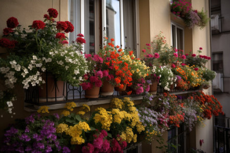 window garden overflowing with colorful and fragrant blooms, bringing a pop of color to the balcony, created with generative aiの素材