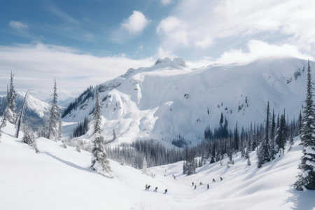 snowy mountain range, with skiers and snowshoers enjoying the winter scenery, created with generative aiの素材
