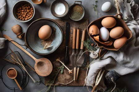 flatlay of cooking utensils with rustic theme and natural elements, created with generative aiの素材