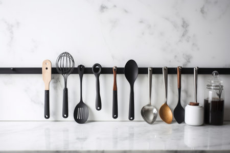 row of cooking utensils in a minimalist, white background setting, created with generative aiの素材