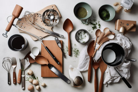 a collection of cooking utensils, displayed in a flatlay against a white background, created with generative aiの素材