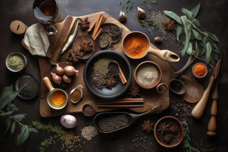 creative flatlay featuring cooking utensils, spices, and ingredients for flavorful meal, created with generative aiの素材