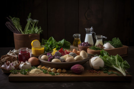 an artistic arrangement of different ingredients, ready to be cooked and enjoyed, created with generative aiの素材