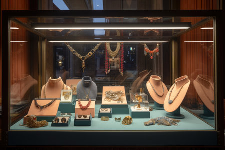 boutique window display, showcasing a variety of jewelry, handbags, and sunglasses, created with generative aiの素材