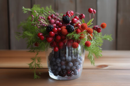 a mix of fresh berries and herbs in a contemporary vase, created with generative aiの素材