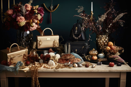 a tabletop setting with a mix of jewelry, handbags and shoes to create a dynamic look, created with generative aiの素材