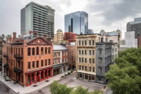 a mix of historic and contemporary buildings in a cityscape, created with generative aiの素材