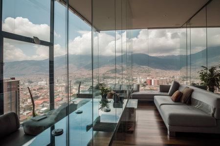 glass-walled penthouse, with city and mountains in the background, created with generative aiの素材