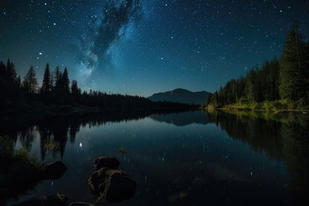 serene lake reflected in the night sky with stars shining, created with generative aiの素材