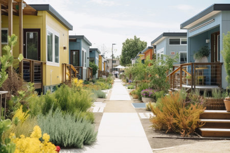 a tiny home community with communal gardens and shared spaces, created with generative aiの素材