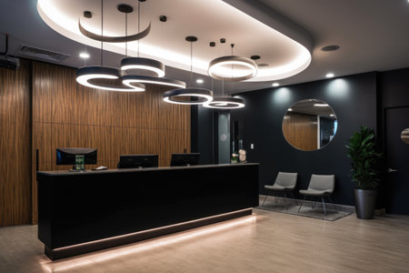 reception area with sleek and modern decor, featuring sleek furniture and contemporary lighting, created with generative aiの素材