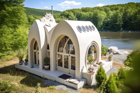 3d printed tiny home in a picturesque setting, created with generative aiの素材