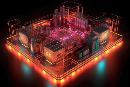 3d render of glowing neon circuit board design, created with generative aiの素材