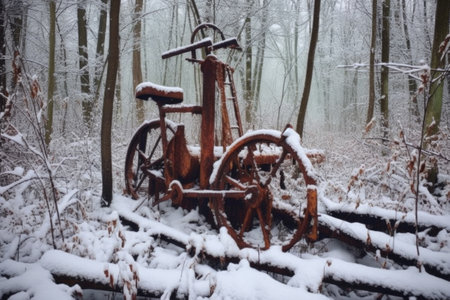 rusty bike frame swallowed by snow in forest clearing, created with generative aiの素材