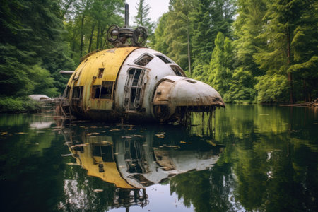 abandoned spaceship half-submerged in lake, created with generative aiの素材