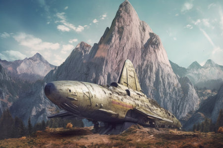 crumbling spacecraft with a dramatic mountain backdrop, created with generative aiの素材