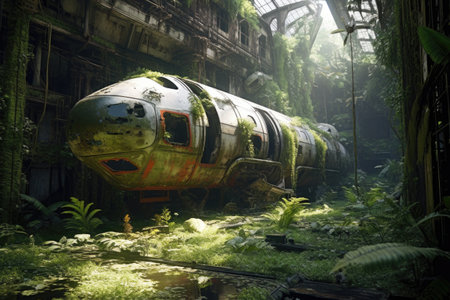 abandoned spaceship with broken glass windows in jungle, created with generative aiの素材