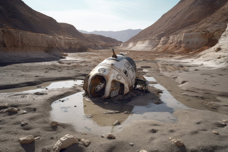spacecraft remains in a dried-up riverbed with cracked earth, created with generative aiの素材