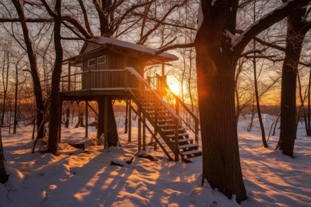 winter sunset casting long shadows on treehouse, created with generative aiの素材