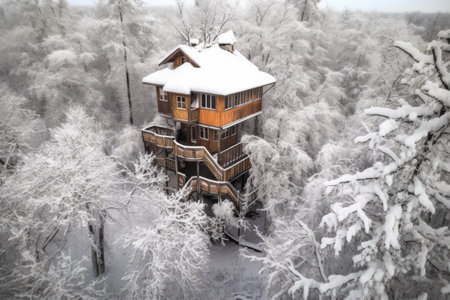 aerial view of snow-covered treehouse in forest, created with generative aiの素材