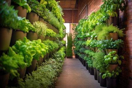 rows of vertical hydroponic planters with herbs, created with generative aiの素材