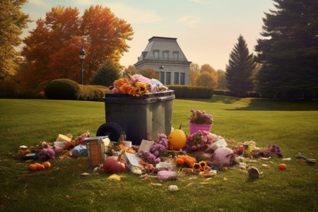 blown away trash cans and litter spread across the lawn, created with generative aiの素材