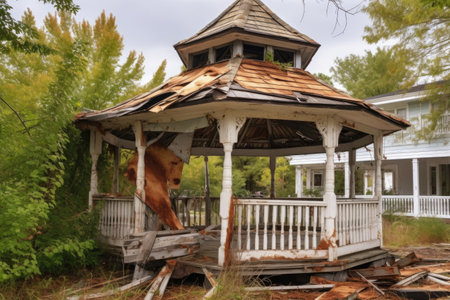 a damaged gazebo with missing roof shingles, created with generative aiの素材