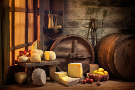 cheese wheel with age label and rustic cellar background, created with generative aiの素材
