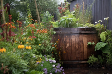 raindrops on an old barrel in a rustic garden, created with generative aiの素材