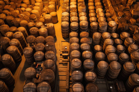 aerial view of rows of wooden barrels in storage, created with generative aiの素材