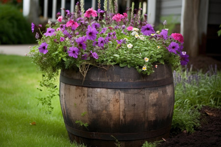 antique barrel repurposed as a flower planter, created with generative aiの素材