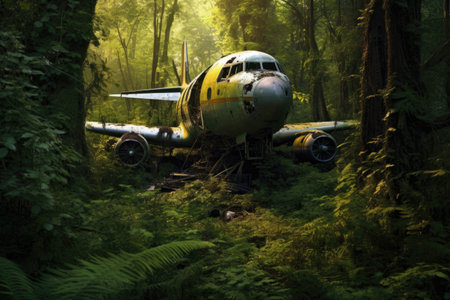 airplanes broken tail section in a forest, created with generative aiの素材
