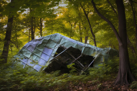 crumpled airplane wing among trees and foliage, created with generative aiの素材