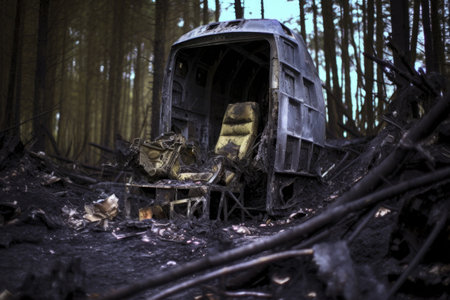 burnt fuselage and seats amid crash site wreckage, created with generative aiの素材