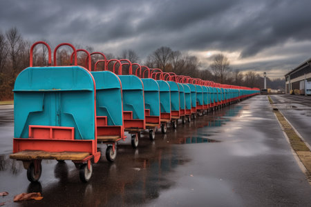 row of baggage carts ready for use, created with generative aiの素材