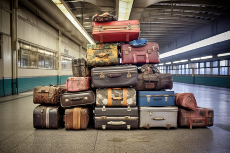 suitcases stacked near the baggage claim area, created with generative aiの素材