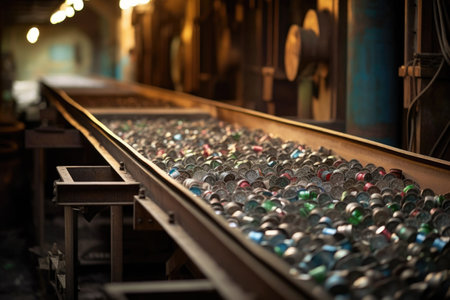 aluminum cans on a conveyor belt for production, created with generative aiの素材