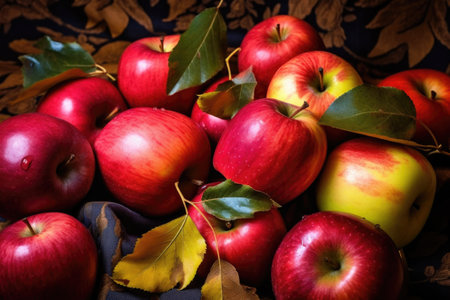 close-up of apples with colorful autumn leaves as backdrop, created with generative aiの素材