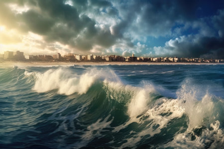 panoramic skyline of coastal city with waves crashing on shore, created with generative aiの素材