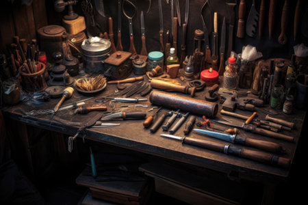 artisan workshop with tools and materials for crafting knives, created with generative aiの素材